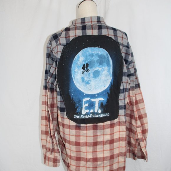 E.T. Vintage Patched Flannel Adult XL unisex Distressed Plaid One of a Kind - Picture 1 of 8
